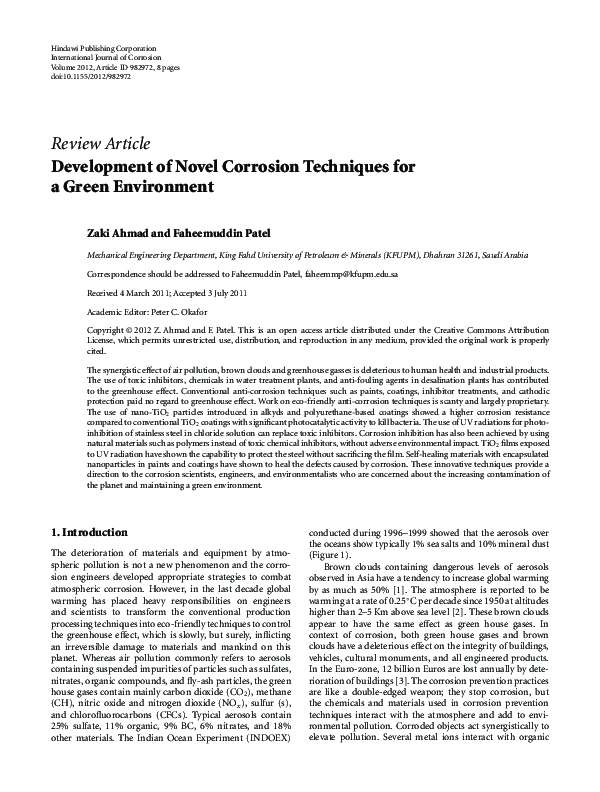 (PDF) Development of Novel Corrosion Techniques for a Green Environment