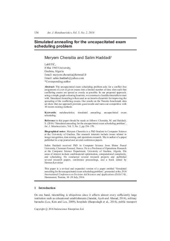 (PDF) Simulated annealing for the uncapacitated exam scheduling problem