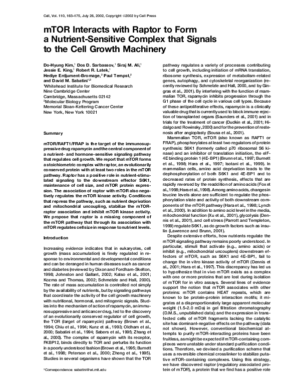 (PDF) mTOR Interacts with Raptor to Form a Nutrient-Sensitive Complex ...