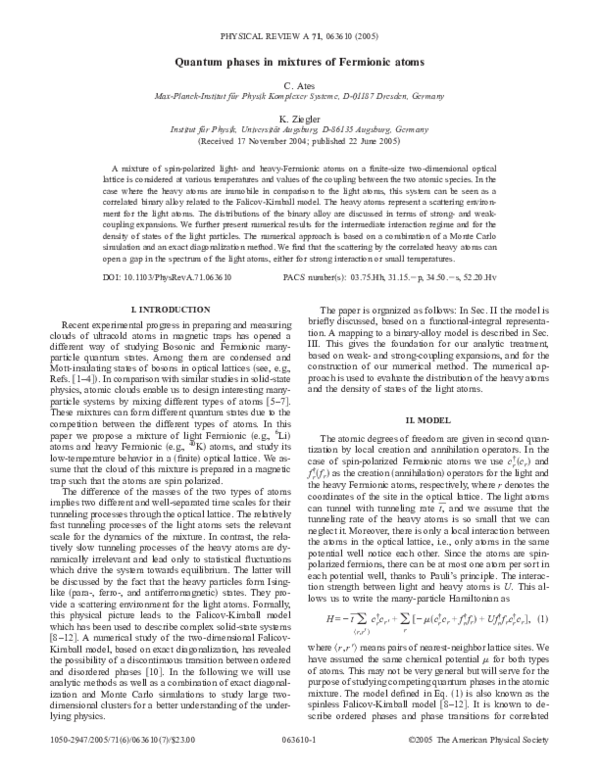 (PDF) Quantum phases in mixtures of Fermionic atoms