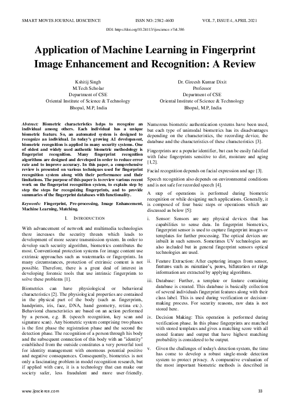 (PDF) Application of Machine Learning in Fingerprint Image Enhancement ...