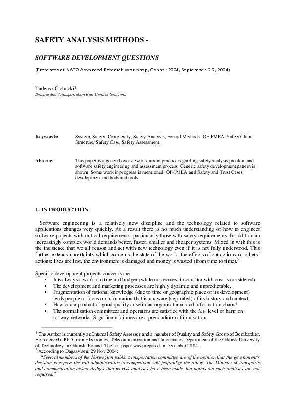 (PDF) Safety Analysis Methods—Software Development Questions