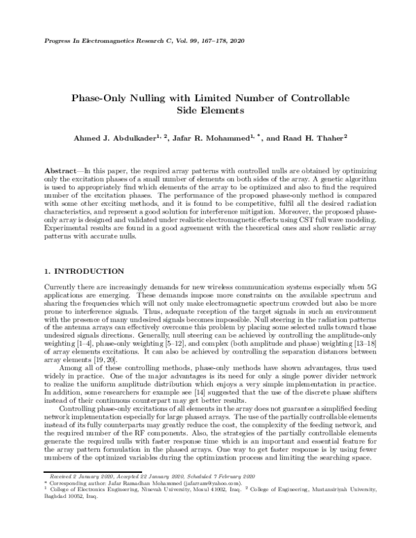 (PDF) Phase-Only Nulling with Limited Number of Controllable Elements