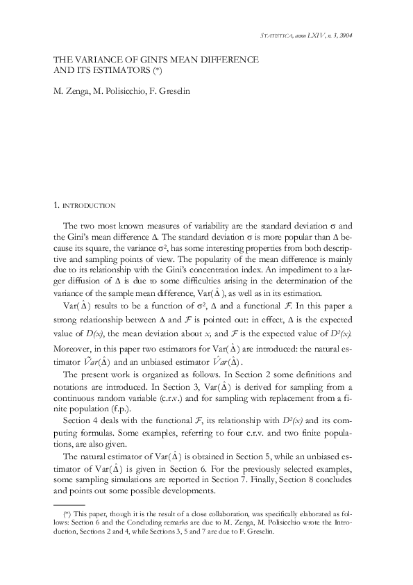 (PDF) The variance of Gini’s mean difference and its estimators