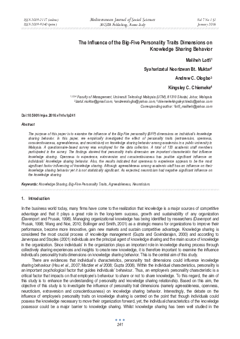 (PDF) The Influence of the Big-Five Personality Traits Dimensions on ...