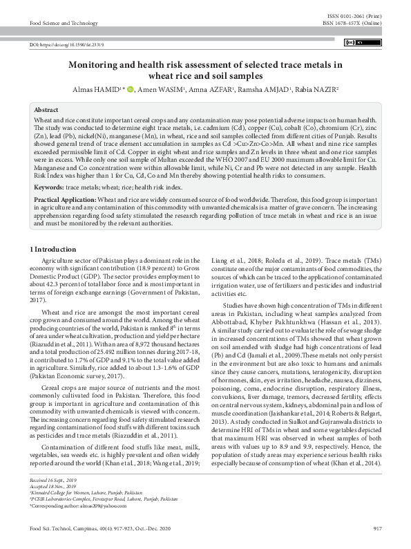 (PDF) Monitoring and health risk assessment of selected trace metals in ...