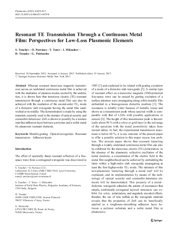 (PDF) Resonant TE Transmission Through a Continuous Metal Film ...