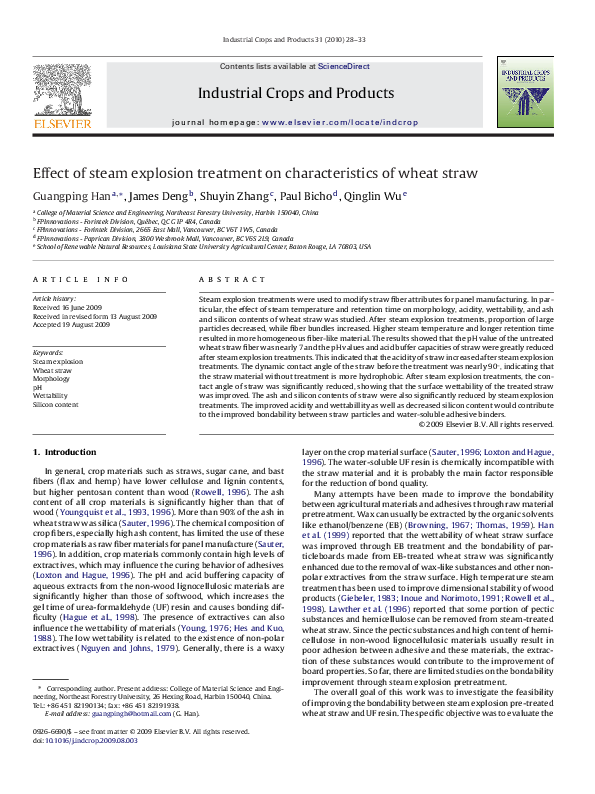 (PDF) Effect of steam explosion treatment on characteristics of wheat straw