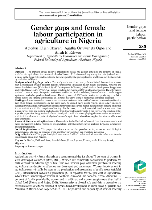 (PDF) Gender gaps and female labour participation in agriculture in Nigeria