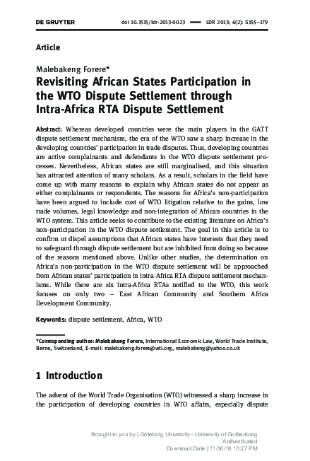 (PDF) Revisiting African States Participation in the WTO Dispute ...