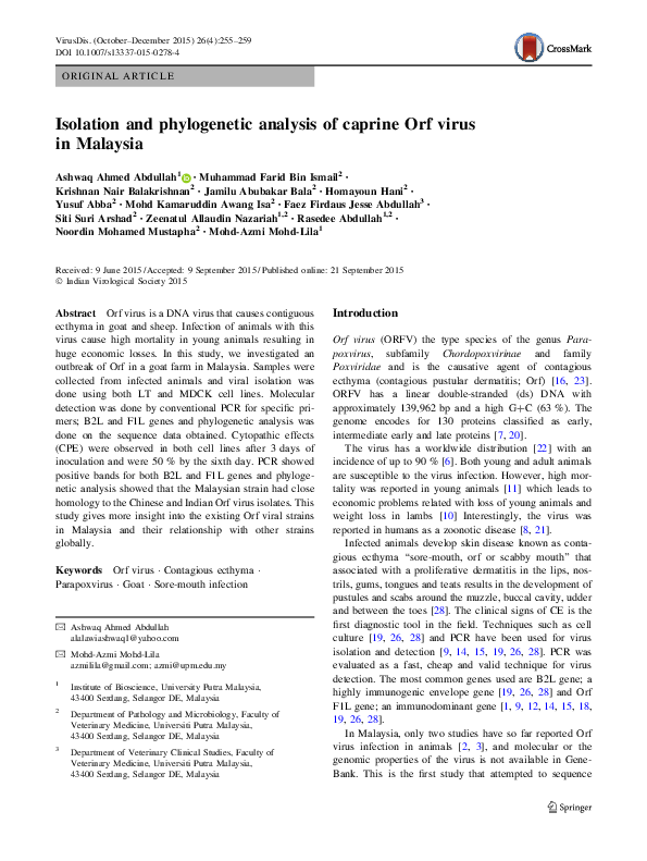 (PDF) Isolation and phylogenetic analysis of caprine Orf virus in Malaysia