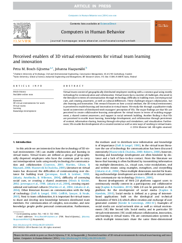(PDF) Perceived enablers of 3D virtual environments for virtual team ...