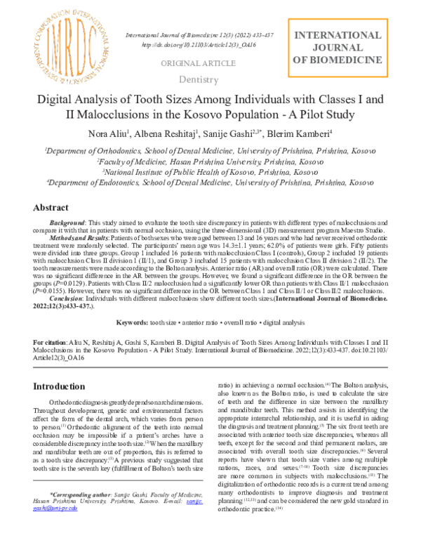(PDF) Digital Analysis of Tooth Sizes Among Individuals with Classes I ...