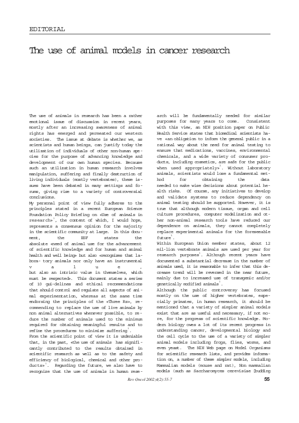 (PDF) The use of animal models in cancer research