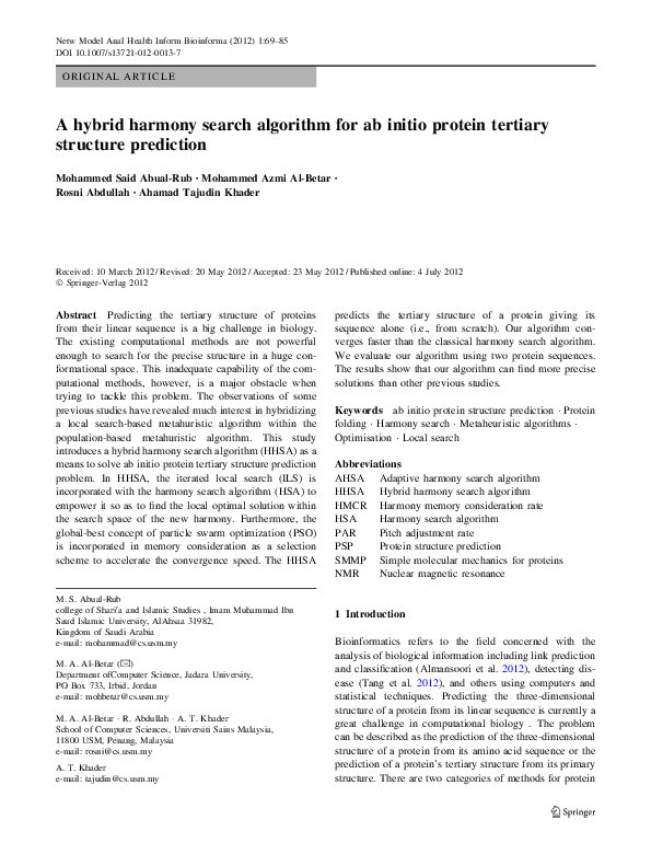 (PDF) A hybrid harmony search algorithm for ab initio protein tertiary ...