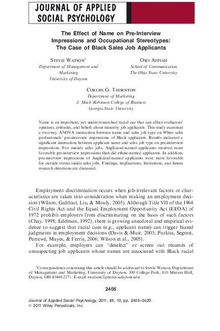 (PDF) The Effect of Name on Pre-Interview Impressions and Occupational ...