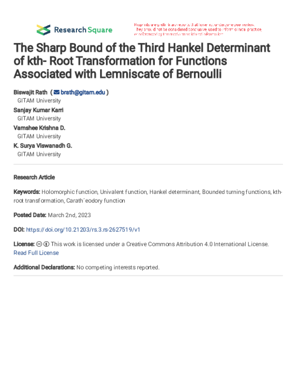 (PDF) The Sharp Bound of the Third Hankel Determinant of kth- Root ...