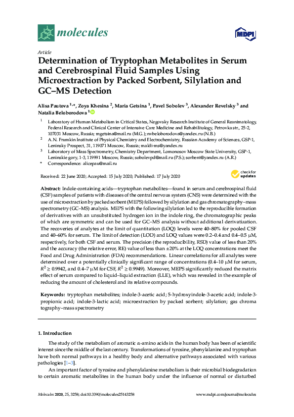 (PDF) Determination of Tryptophan Metabolites in Serum and ...
