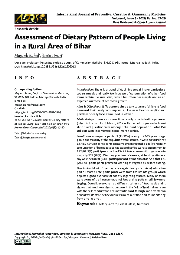 (PDF) Assessment of Dietary Pattern of People Living in a Rural Area of ...