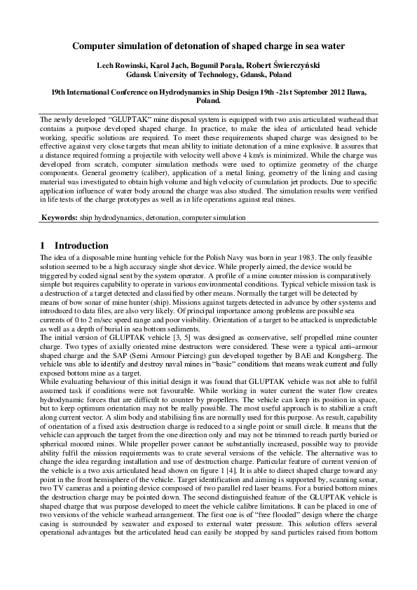 (PDF) Computer simulation of detonation of shaped charge in sea water