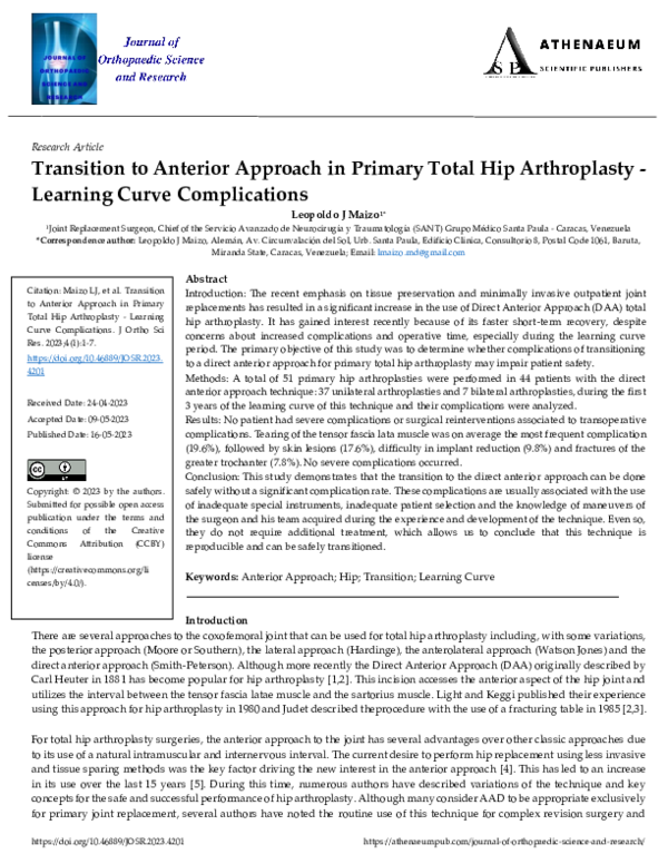 (PDF) Transition to Anterior Approach in Primary Total Hip Arthroplasty ...