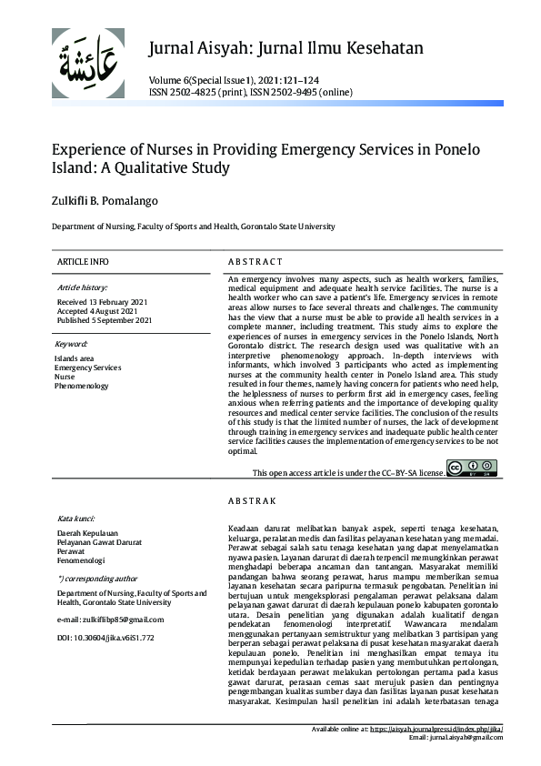 (PDF) Experience Of Nurses In Providing Emergency Services In Ponelo ...