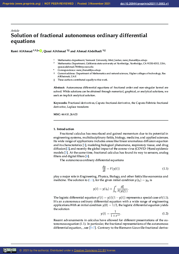 Pdf Solution Of Fractional Autonomous Ordinary Differential Equations Pdf Solution Of Fractional Autonomous Ordinary Differential Equations