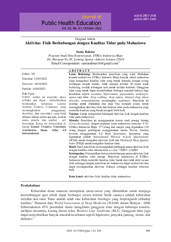 (PDF) Aktivitas Fisik Berhubungan dengan Kualitas Tidur pada Mahasiswa