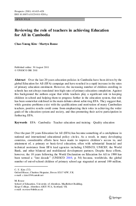(PDF) Reviewing the role of teachers in achieving Education for All in ...