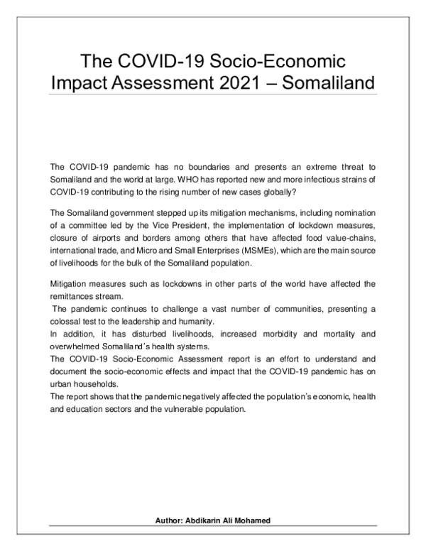 (PDF) The COVID 19 Socio Economic Impact Assessment 2021 Somaliland
