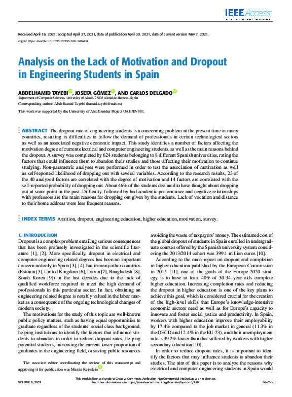 (PDF) Analysis on the Lack of Motivation and Dropout in Engineering ...
