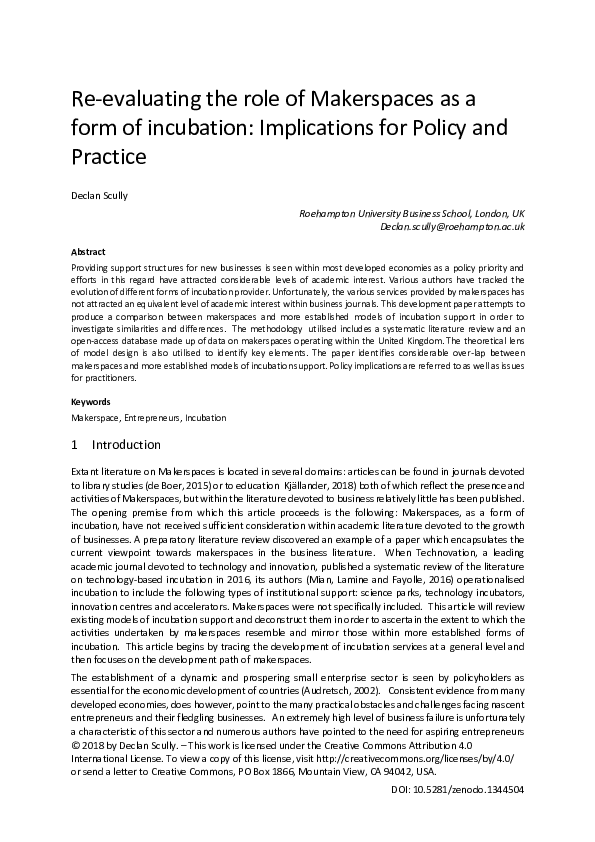 (PDF) Re-Evaluating The Role Of Makerspaces As A Form Of Incubation ...