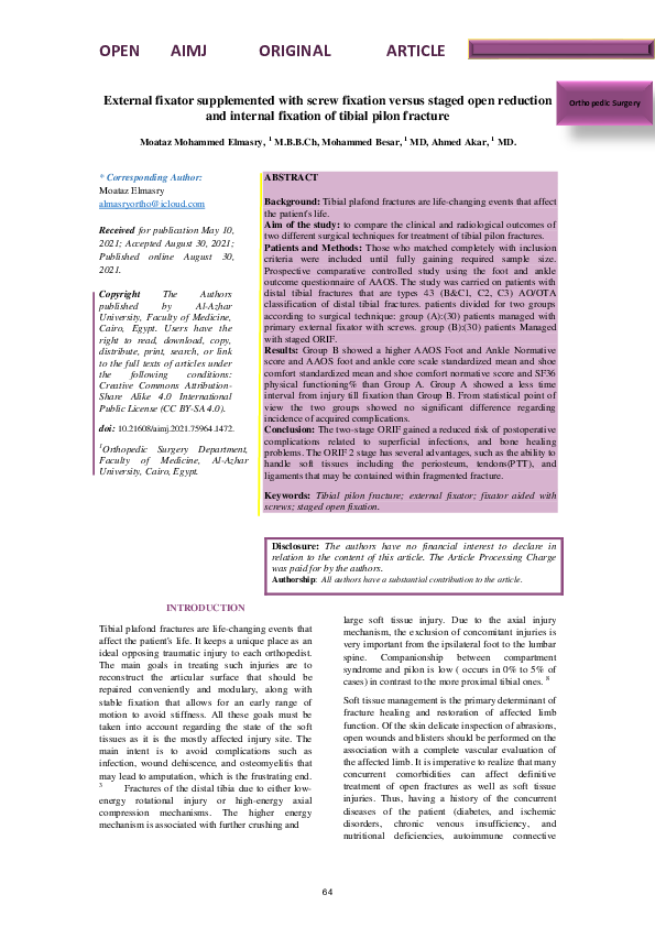 (PDF) External fixator supplemented with screw fixation versus staged ...
