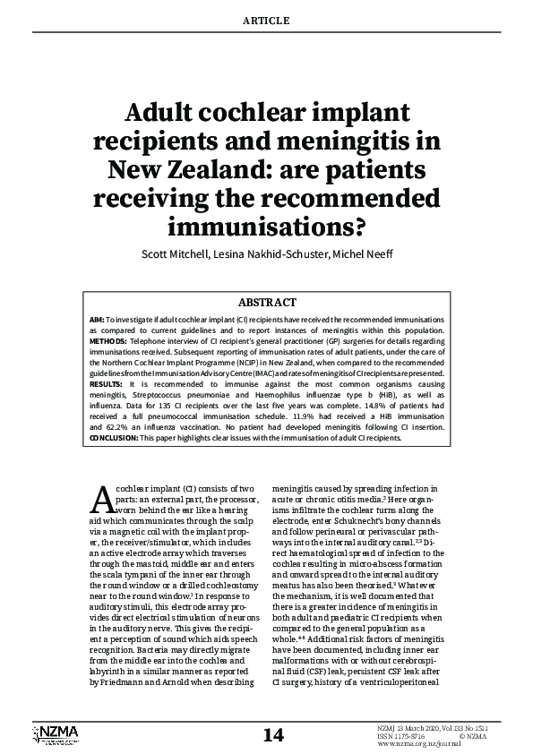 (PDF) Adult cochlear implant recipients and meningitis in New Zealand ...