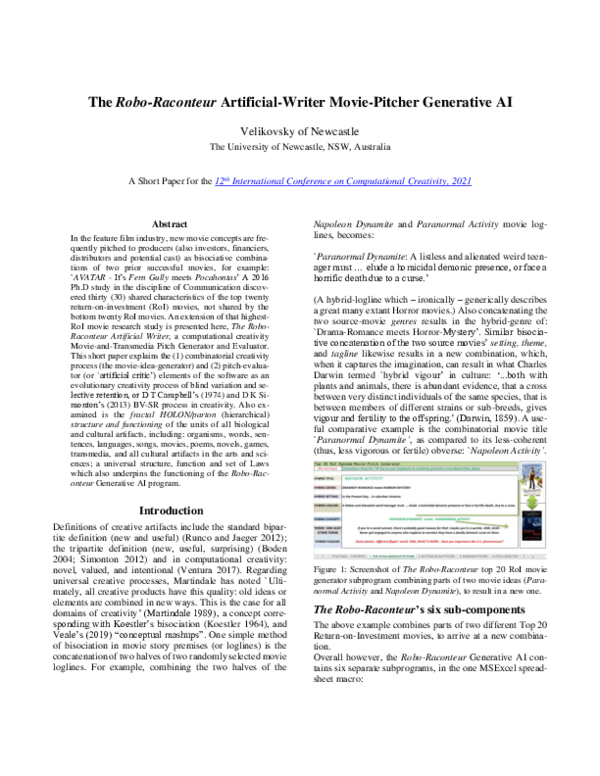 (PDF) The Robo-Raconteur Artificial-Writer Movie-Pitcher Generative AI