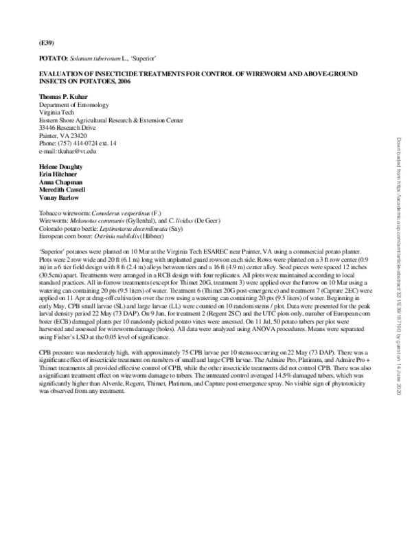 (PDF) Evaluation of Insecticide Treatments for Control of Wireworm and ...
