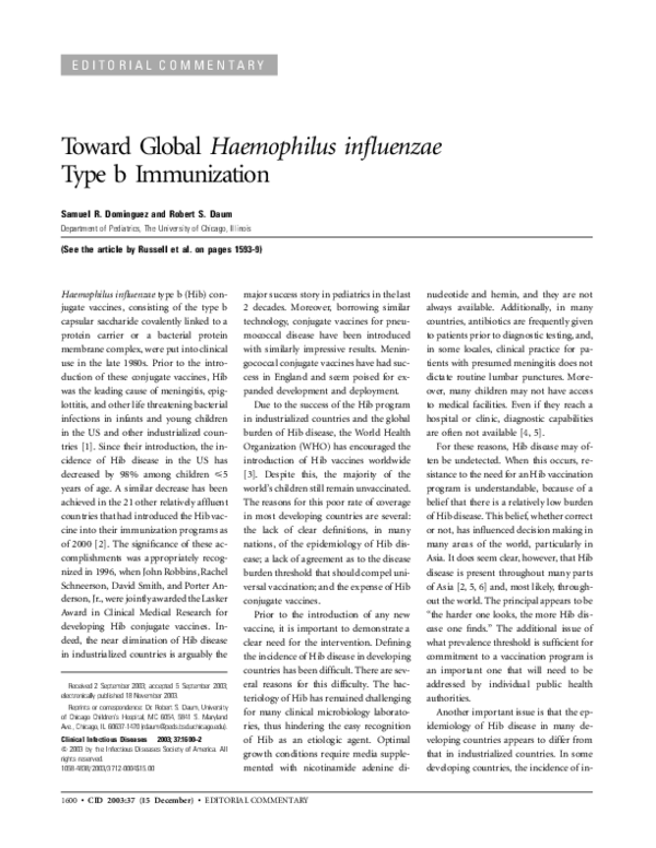 (PDF) Toward Global Haemophilus influenzae Type b Immunization