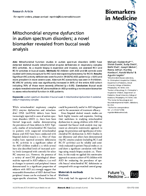 (PDF) Mitochondrial enzyme dysfunction in autism spectrum disorders; a ...