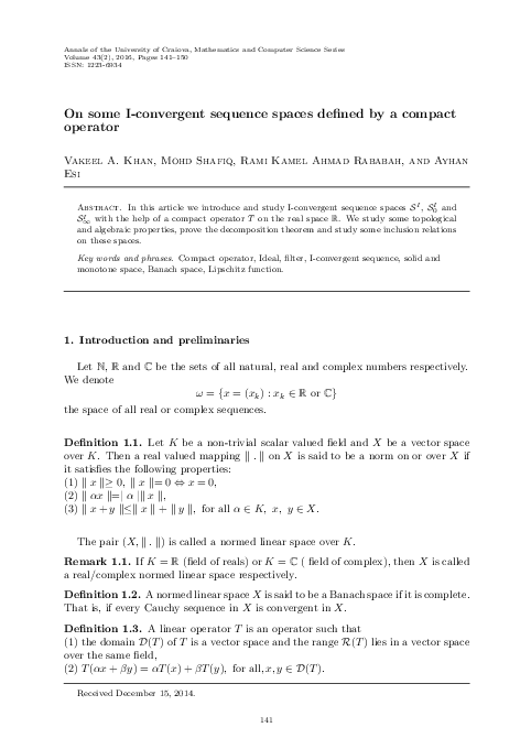 (PDF) On some I-convergent sequence spaces defined by a compact operator