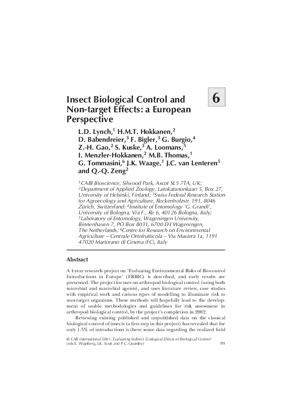 (PDF) Insect biological control and non-target effects: a European ...