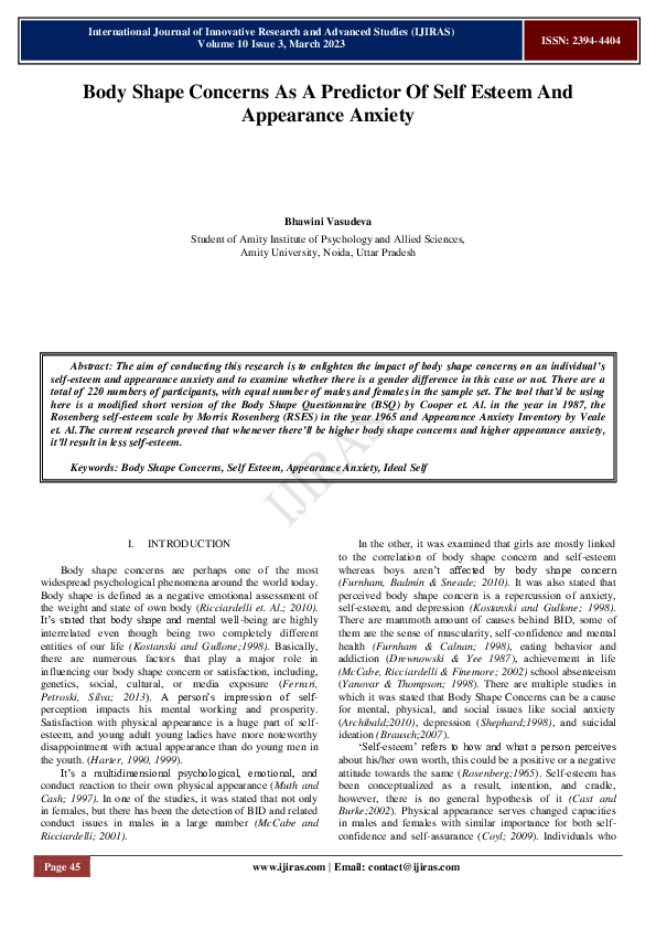 (PDF) Body Shape Concerns As A Predictor Of Self Esteem And Appearance ...