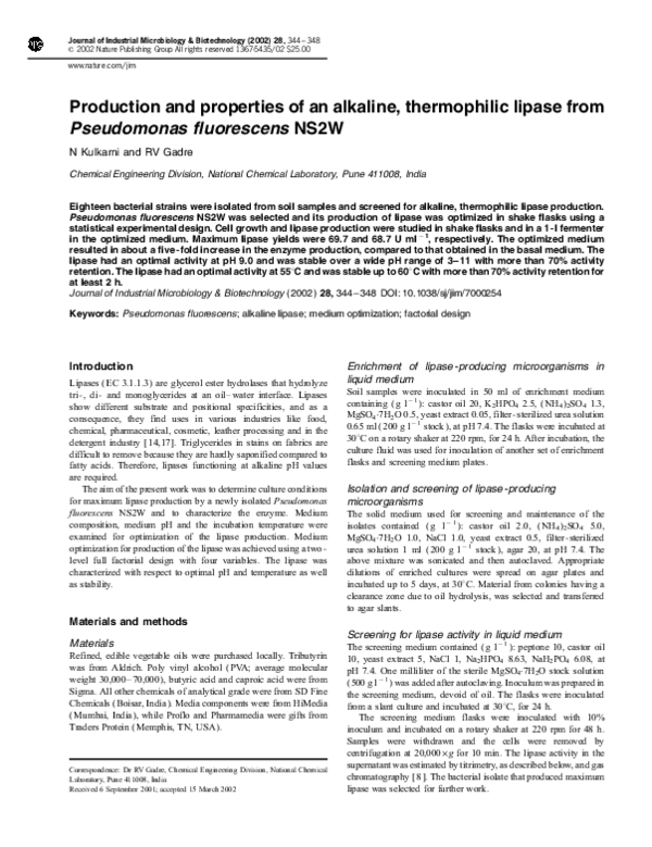  PDF Production And Properties Of An Alkaline Thermophilic Lipase 