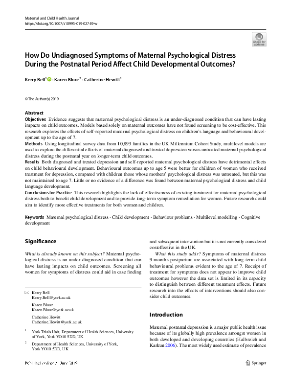 (PDF) How Do Undiagnosed Symptoms of Maternal Psychological Distress ...