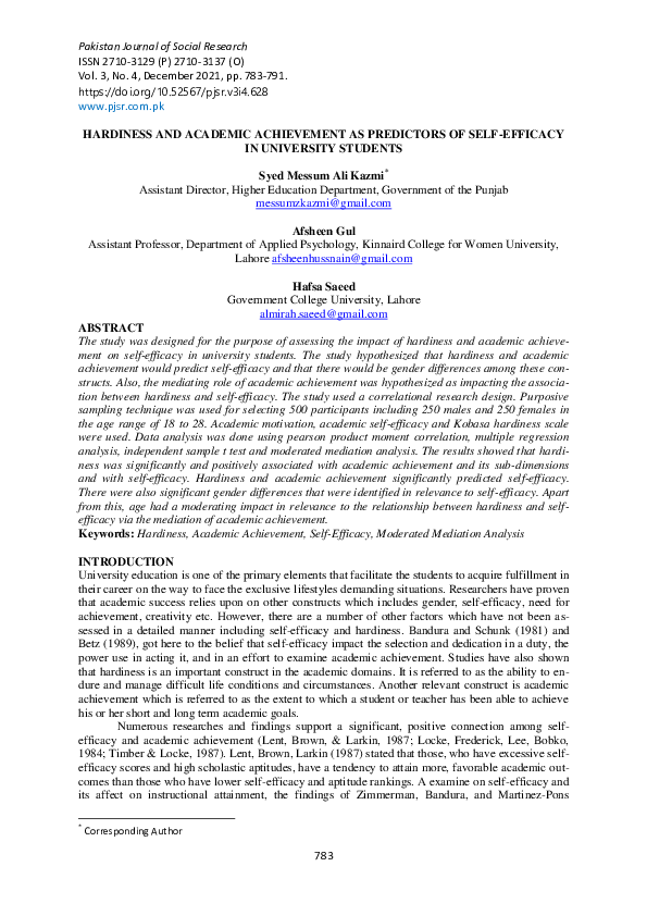 (PDF) Hardiness and Academic Achievement as Predictors of Self-Efficacy ...
