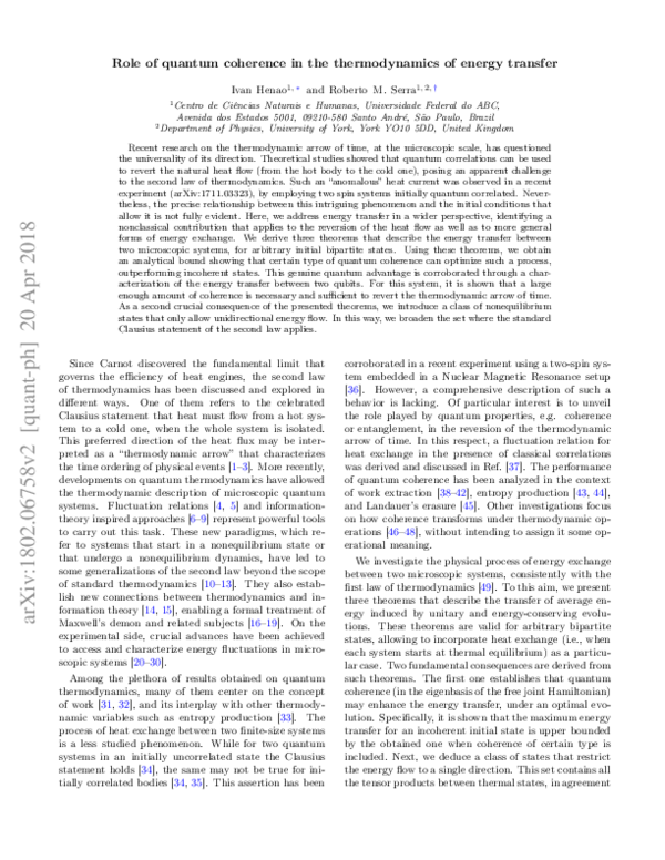 (PDF) Role of quantum coherence in the thermodynamics of energy transfer