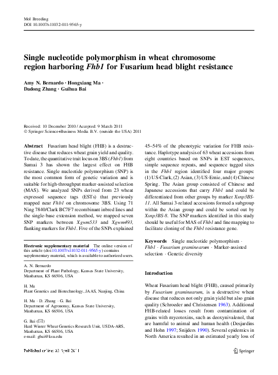 (PDF) Single nucleotide polymorphism in wheat chromosome region ...
