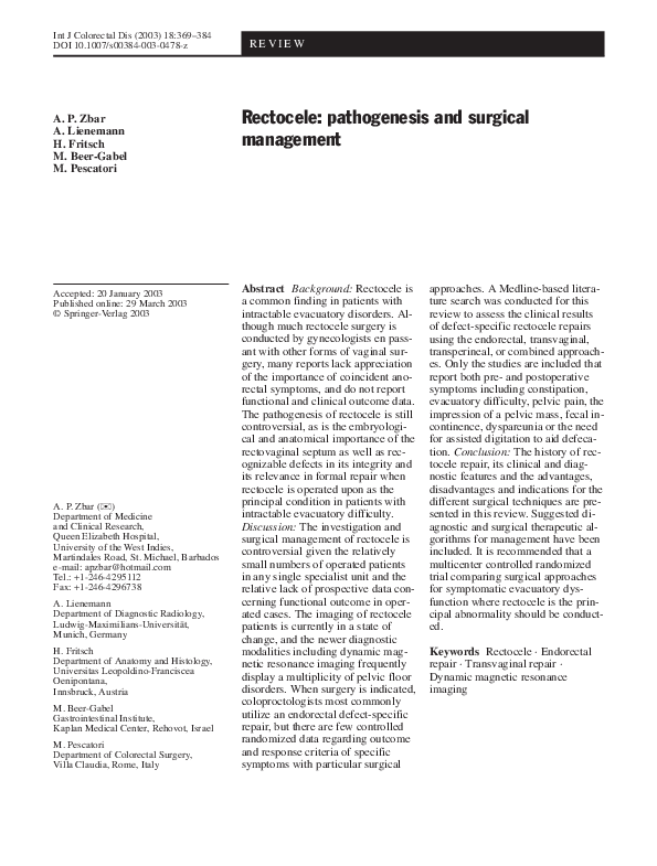 (PDF) Rectocele pathogenesis and surgical management Marc BeerGabel