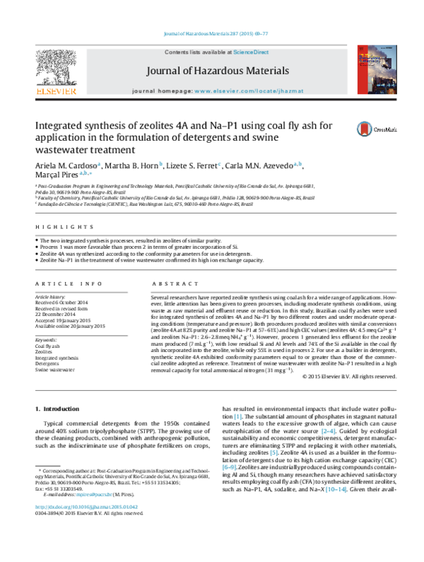 (PDF) Integrated synthesis of zeolites 4A and Na–P1 using coal fly ash ...
