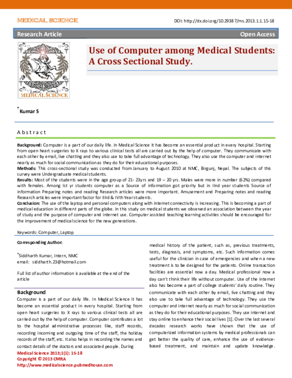 (PDF) Use of Computer among Medical Students:A Cross Sectional Study