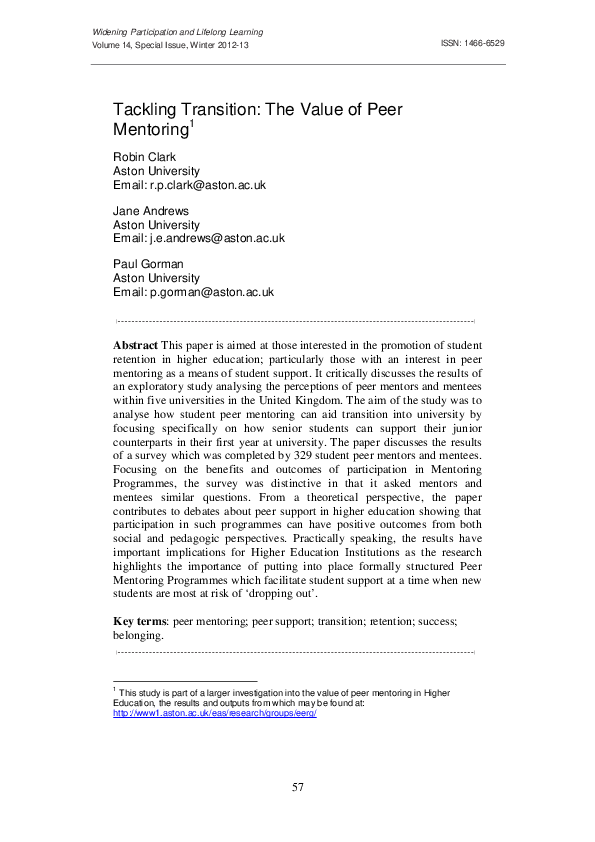 (PDF) Tackling Transition: The Value of Peer Mentoring